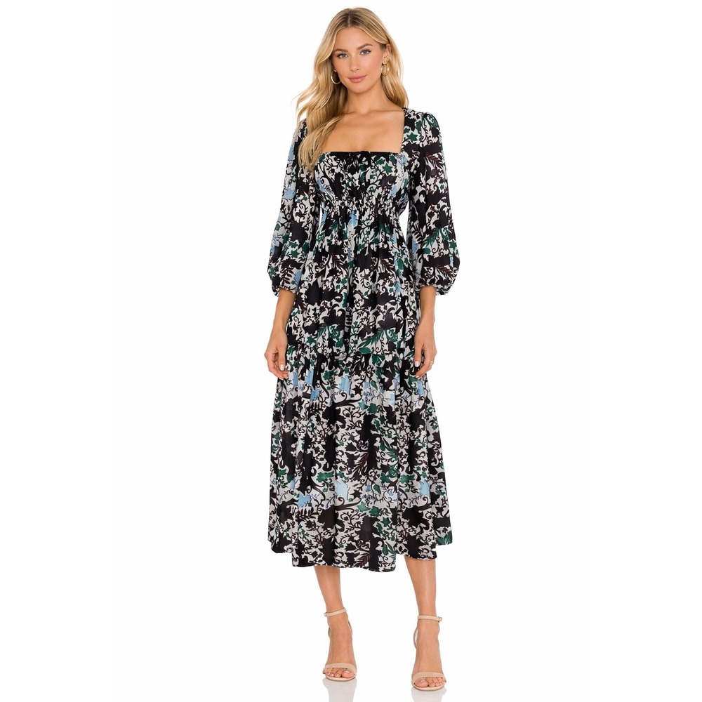 Delfi Abstract Floral Puff Sleeve Midi Dress‎ Small New